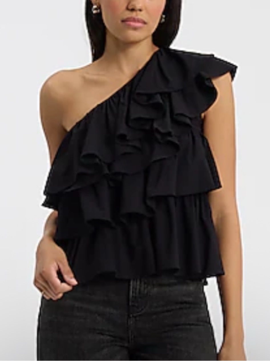 Express One Shoulder Ruffle Black Top Women Size Large Nwt Carnival Festive Fun